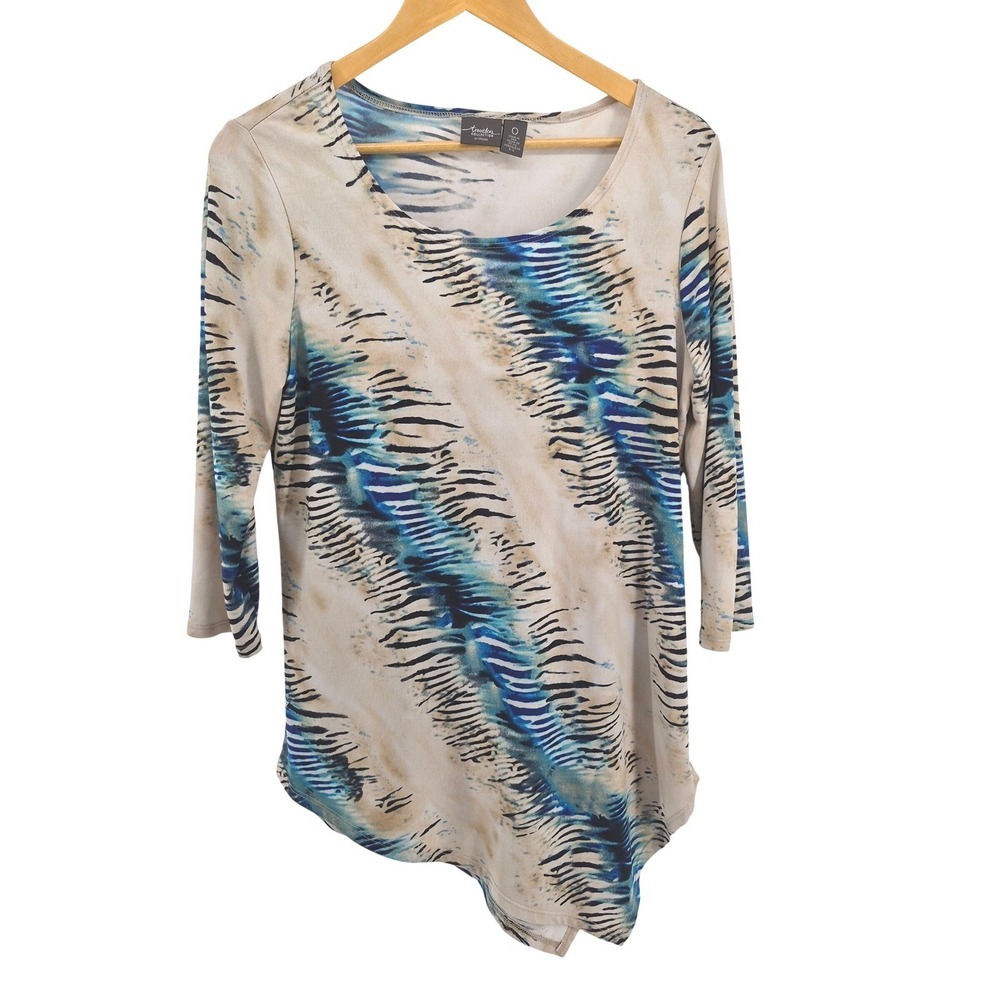 Chico's Travelers 0 Small Blue Abstract Animal Print Tunic Asymmetrical Hem Top - Picture 2 of 13